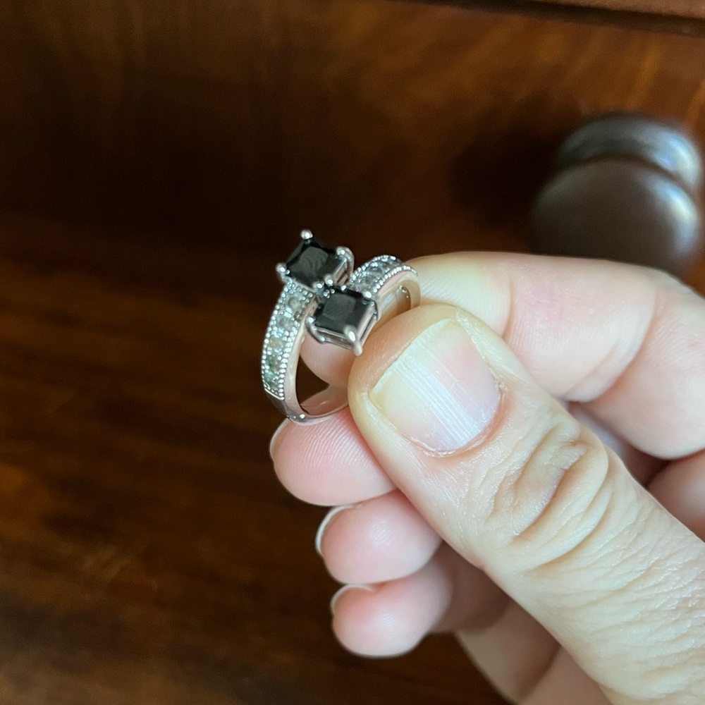 Silver and onyx double stone ring